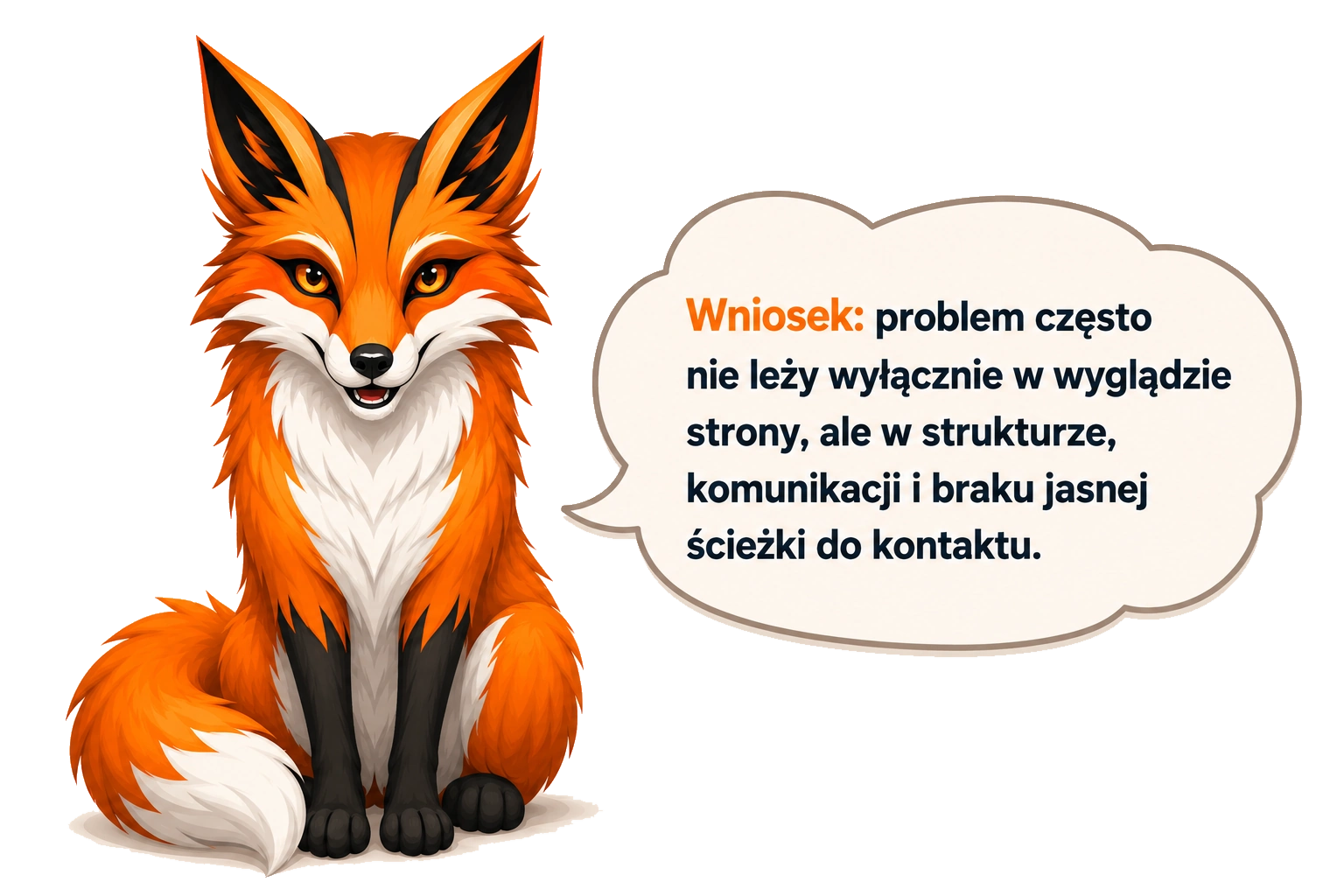 Lis iFOX z chmurką zawierającą wniosek: problem często nie leży wyłącznie w wyglądzie strony, ale w strukturze, komunikacji i braku jasnej ścieżki do kontaktu.