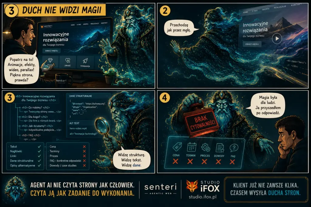 Duch nie widzi magii: 
- animacje, wideo, parallax są pomijane
- Duch Stron zagląda głębiej i widzi strukturę, tekst, dane
- wizualizacje są dla ludzi, Duch Stron szuka odpowiedzi