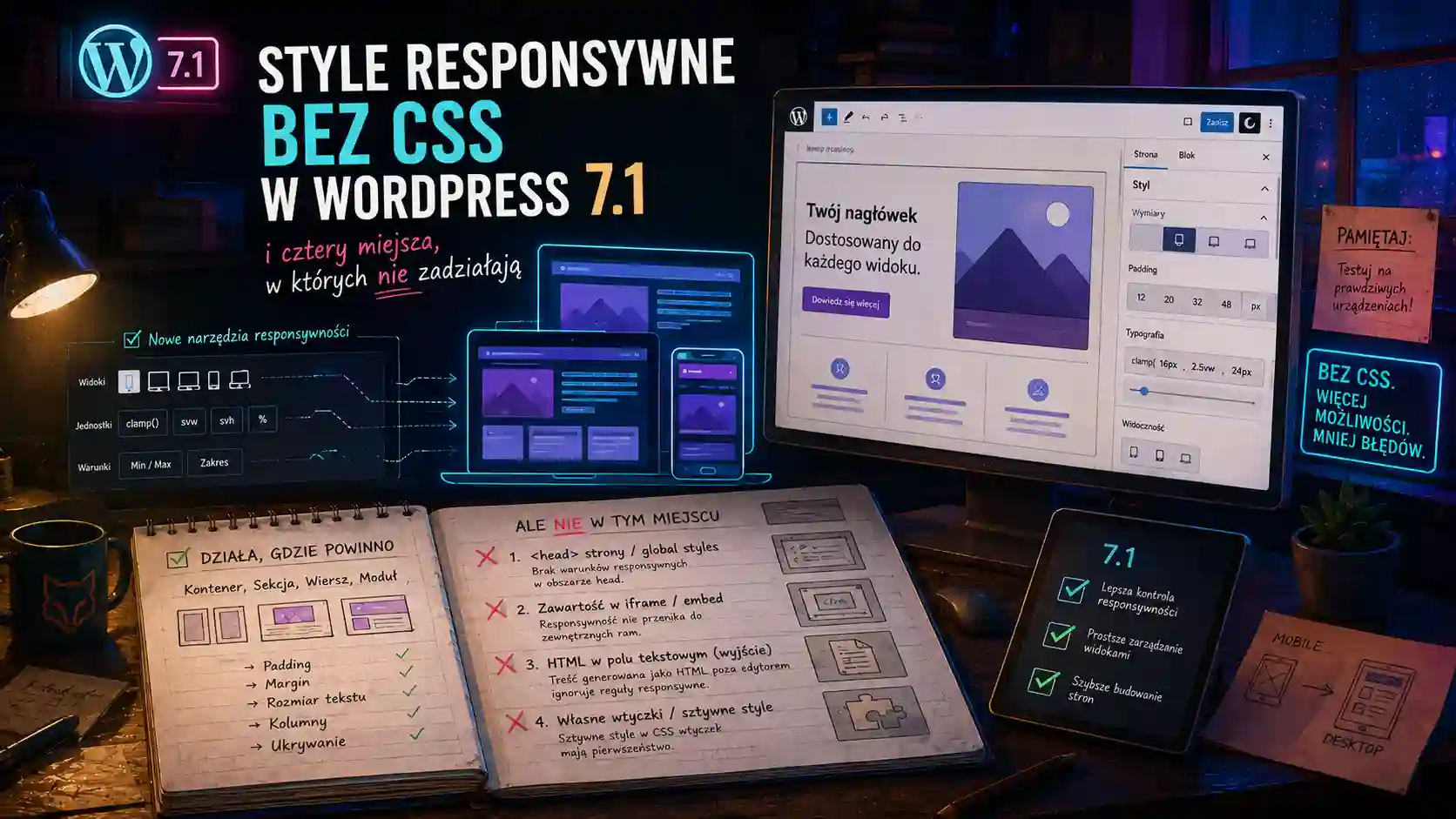 Style responsywne bez CSS w WordPress 7.1 — i cztery miejsca, w których nie zadziałają