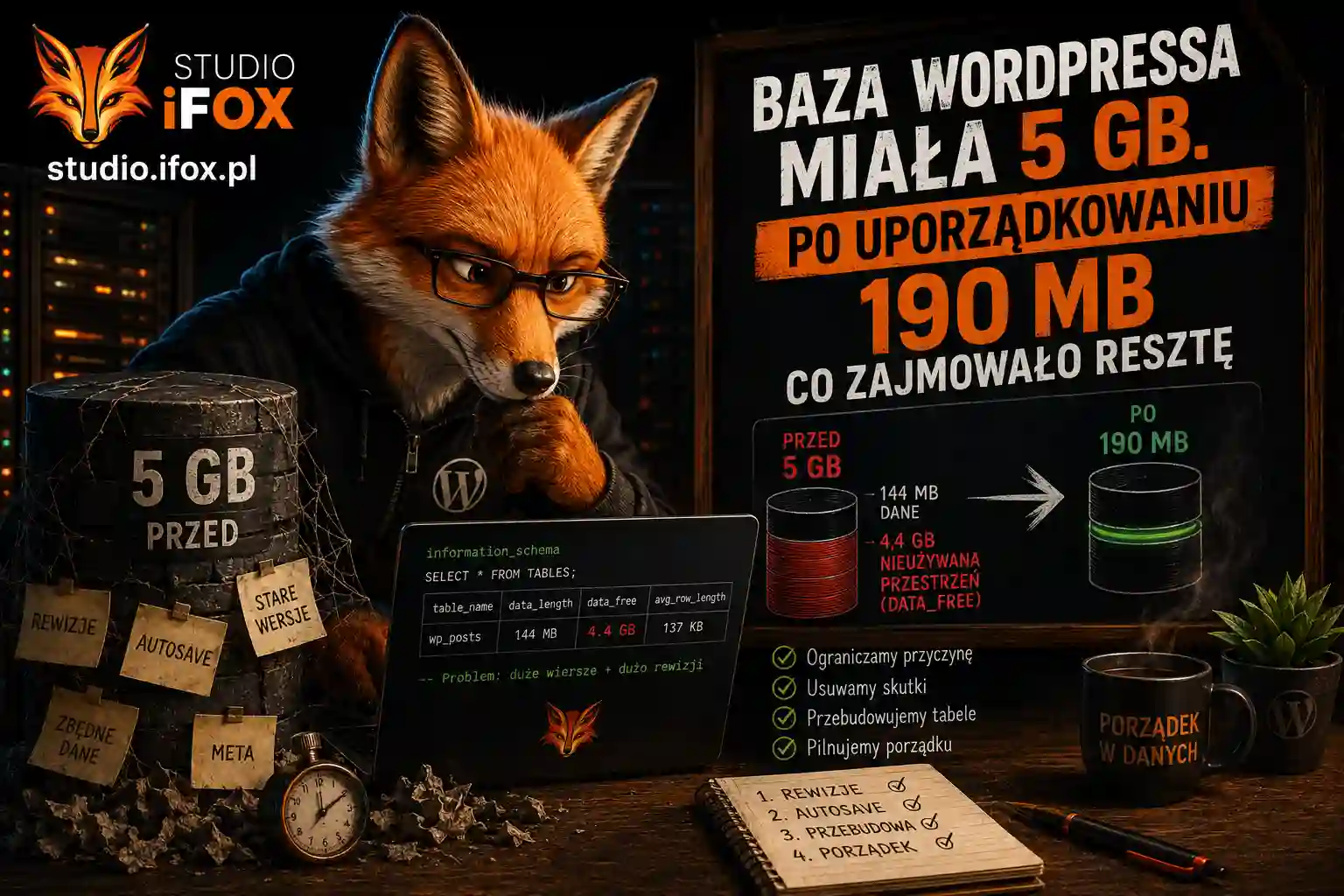 Baza WordPressa miała 5 GB. Po uporządkowaniu 190 MB — co zajmowało resztę