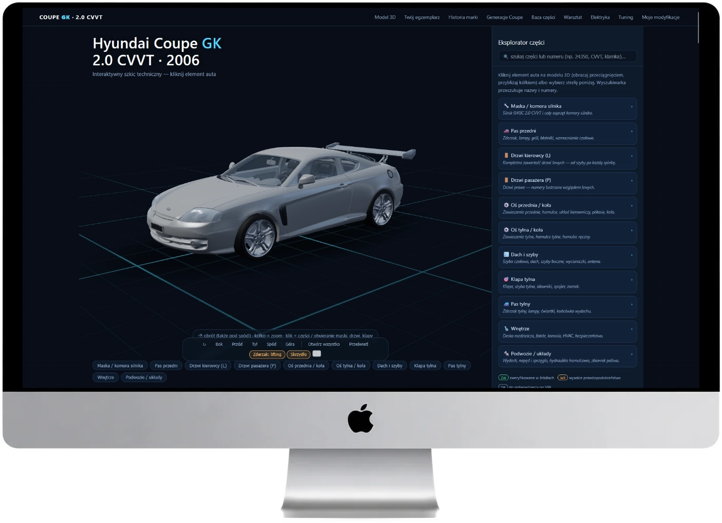 Interaktywny model 3D Hyundaia Coupe GK z rozwijaną listą części